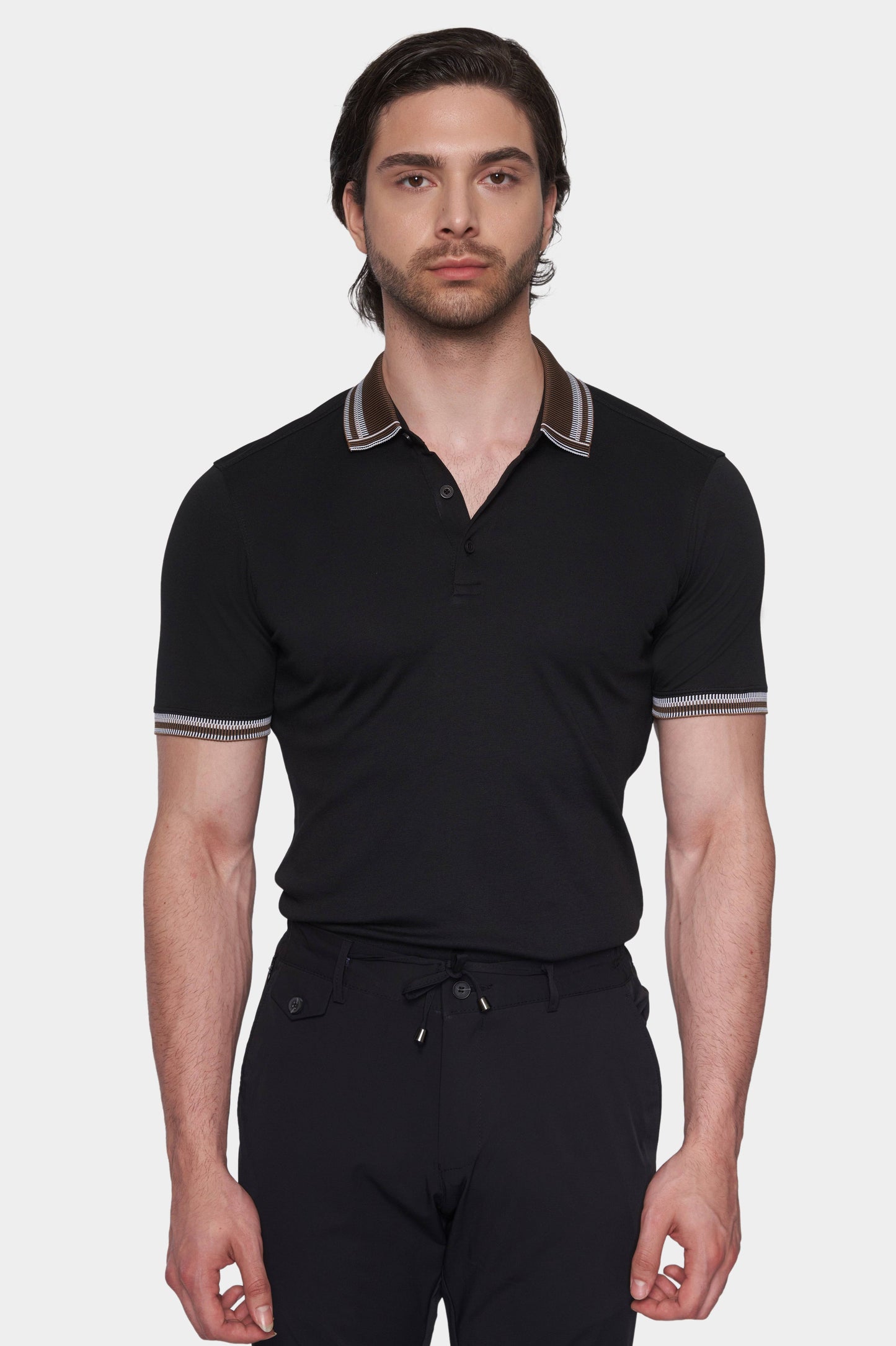 The Quarter Button Polo (Black & Brown Accent) - Bright Moons