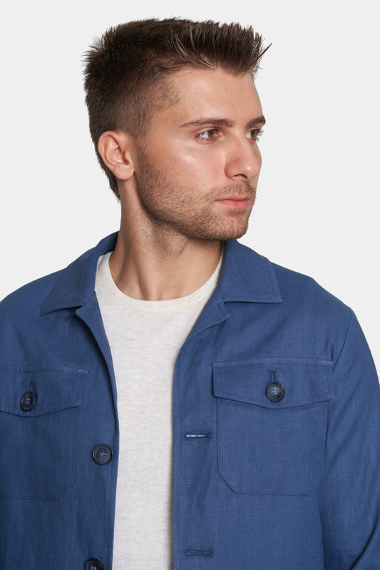 Bright Moons men’s slim safari coat in ocean blue front view