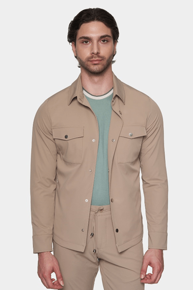Bright Moons beige slim overshirt front view worn by male model