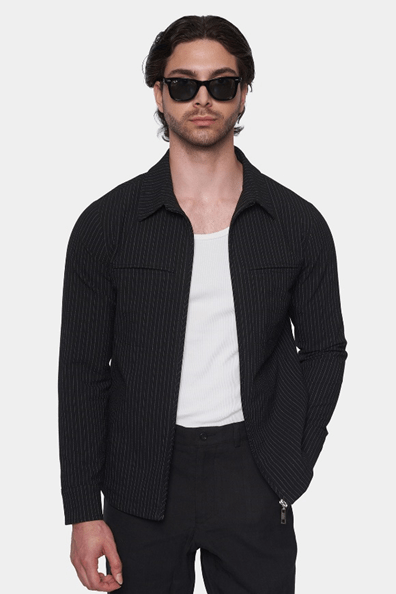 The Luxe Zip Jacket (Black Pinstripe) - Bright Moons