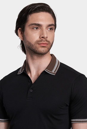 The Quarter Button Polo (Black & Brown Accent) - Bright Moons