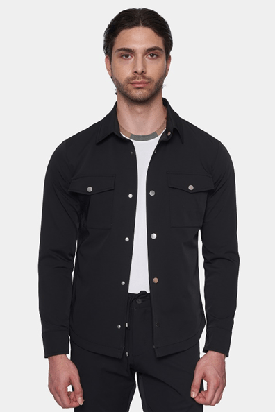 Bright Moons slim black overshirt front view worn by male model