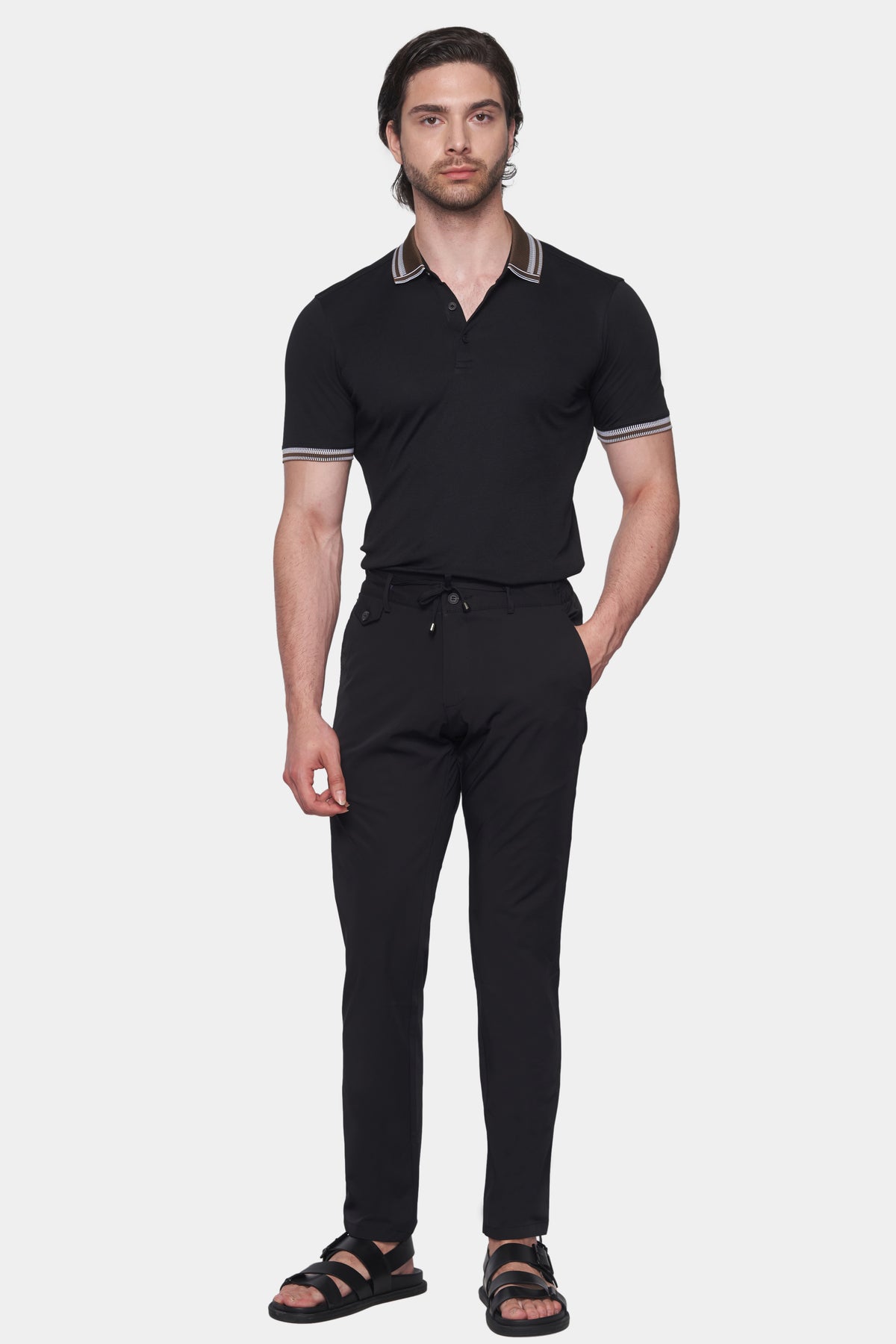 The Quarter Button Polo (Black & Brown Accent)