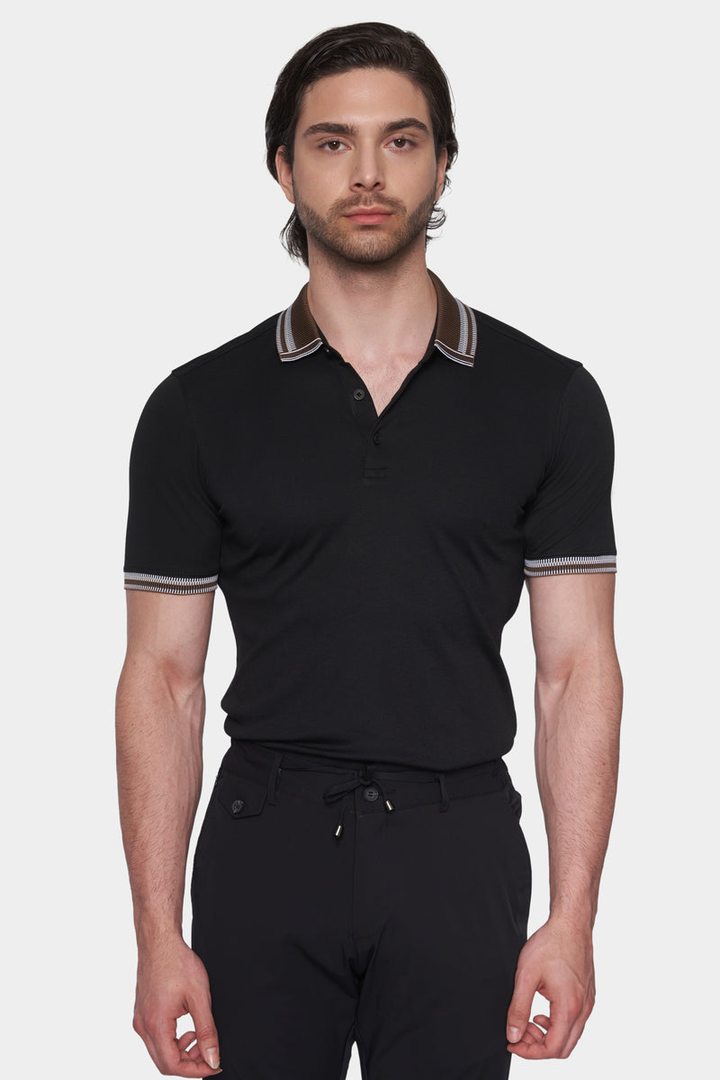 The Quarter Button Polo (Black & Brown Accent)