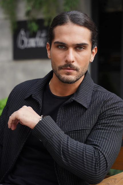 The Luxe Zip Jacket (Navy Pinstripe) - Bright Moons
