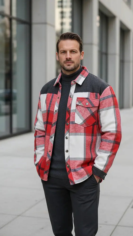 The Wanderer Shacket (Crimson Plaid) – Bright Moons front view