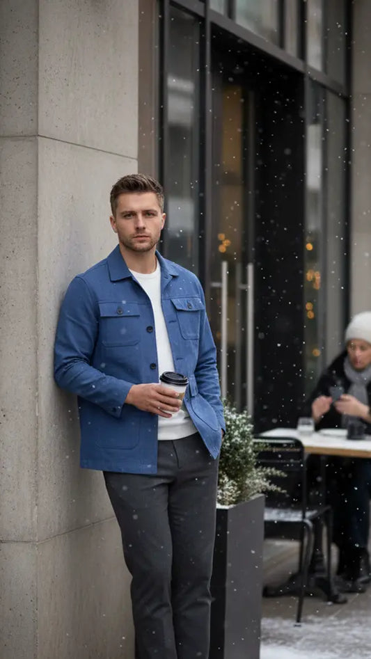 Bright Moons slim safari coat ocean blue worn by model outdoors