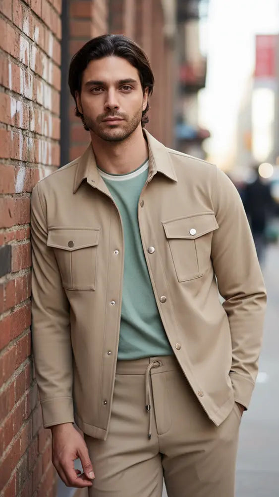 Bright Moons slim beige overshirt styled casually outdoors by model