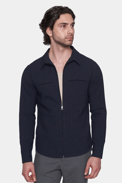 The Luxe Zip Jacket (Navy Pinstripe) - Bright Moons