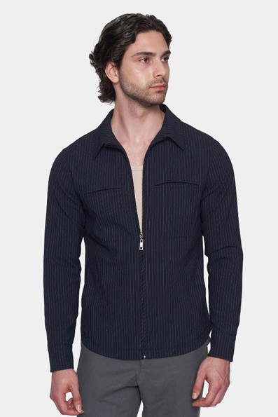 The Luxe Zip Jacket (Navy Pinstripe)