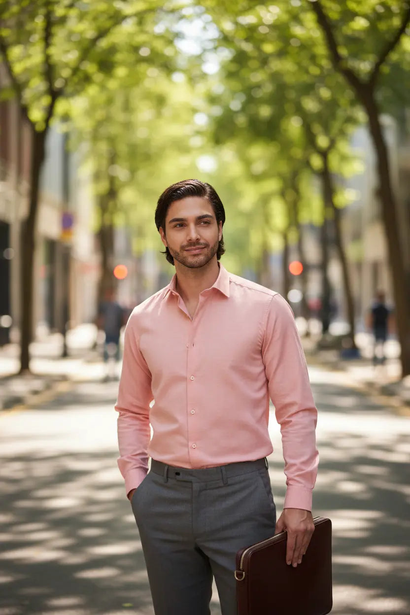 Man wearing salmon dress shirt outdoors in a luxury modern style