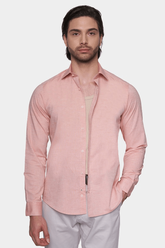 Front view of men’s salmon dress shirt in modern tailored fit